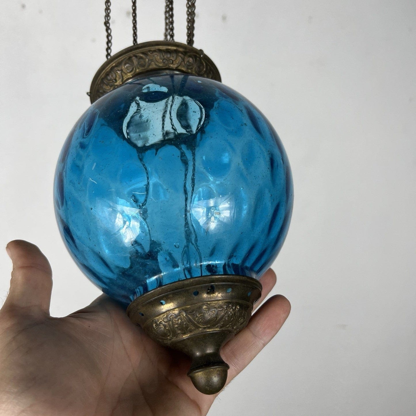 Antica Lanterna a sospesione Stile Liberty in vetro soffiato Blu Anni '30 ottone Categoria Lampade Appliques