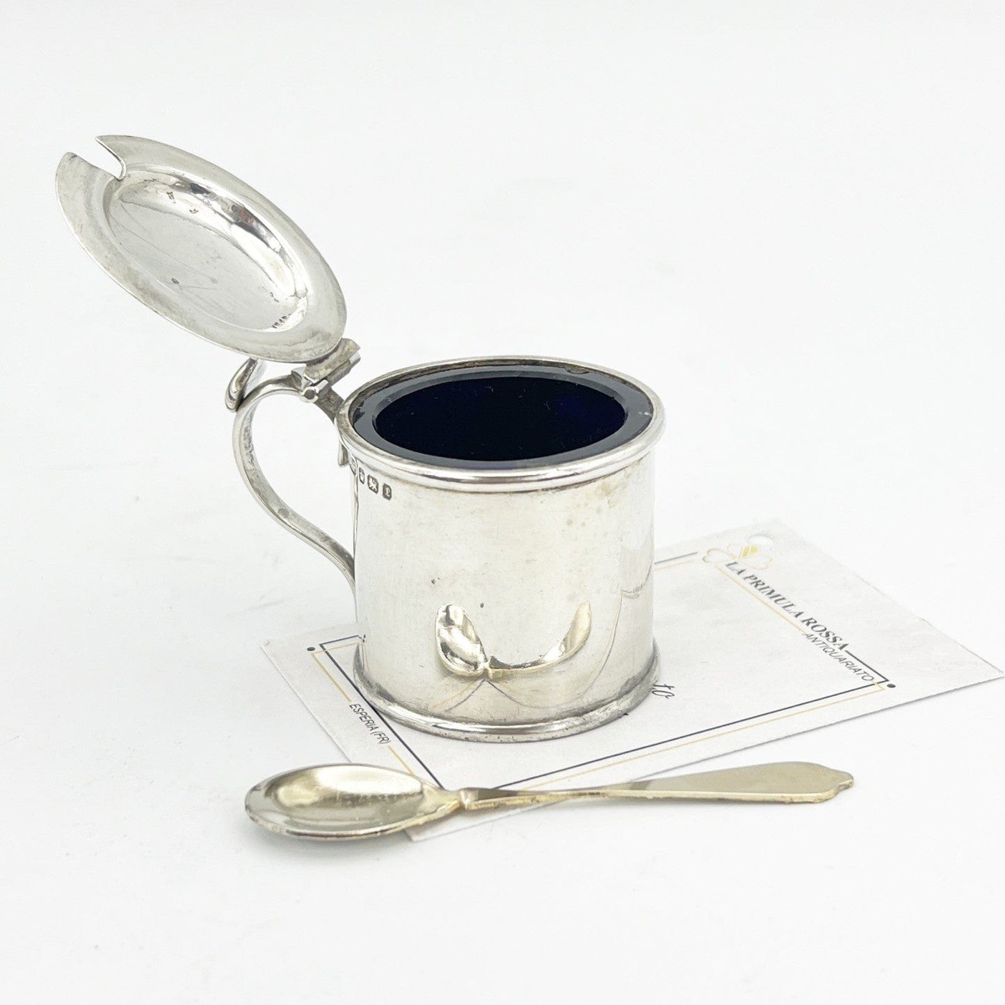 Antica mostardiera in Argento sterling silver 925 da tavola con cucchiaino 1897 Categoria Sheffield & Argento