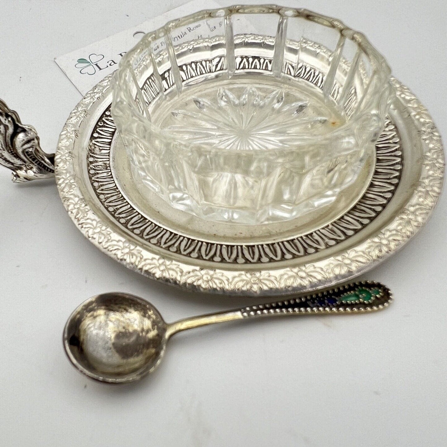 Antica Saliera in argento sheffield plated e vetro con cucchiaino stile impero Categoria Sheffield & Argento