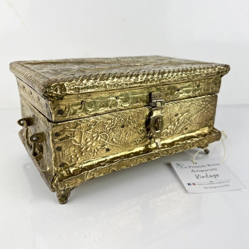 Antica Scatola in legno ottone Cofanetto vintage Portagioie Inglese contenitore Categoria Ottone