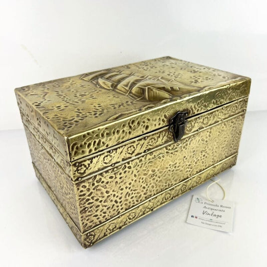 Antica Scatola in legno ottone Cofanetto vintage Veliero Inglese contenitore A Categoria Ottone