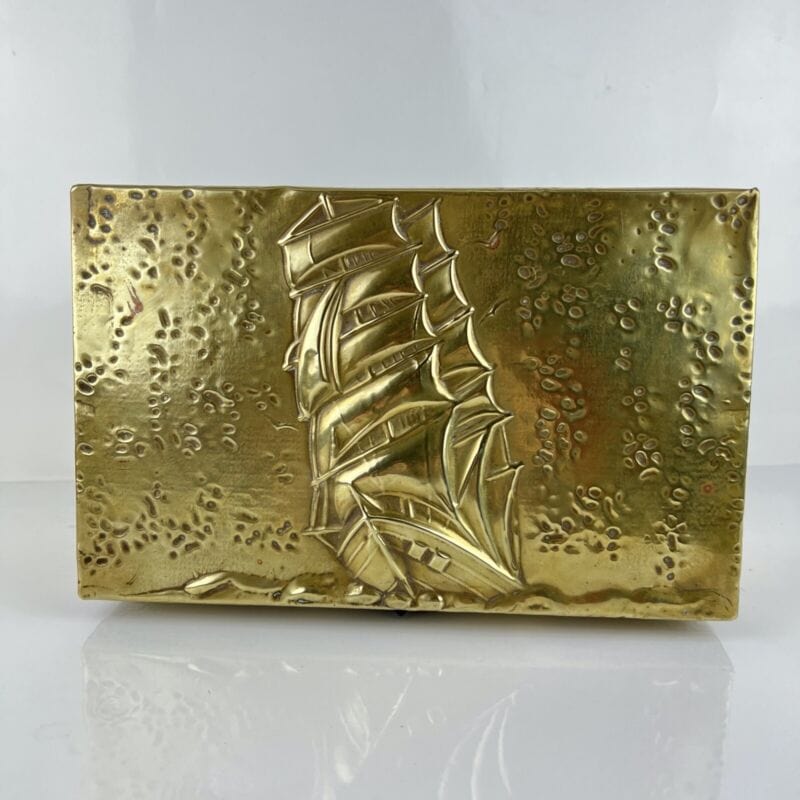Antica Scatola in legno ottone Cofanetto vintage Veliero Inglese contenitore A Categoria Ottone