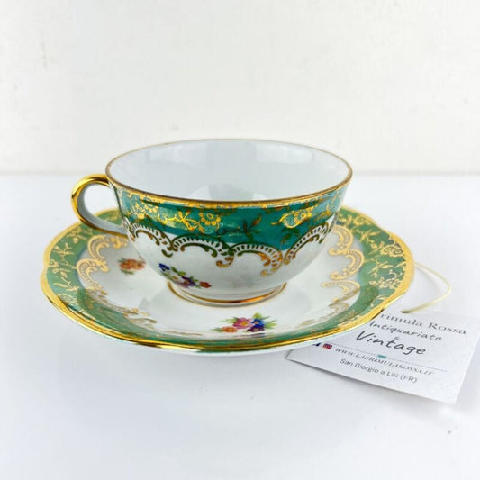 Antica Tazza da the te in porcellana Richard Ginori con piattino Fiori Verde Oro Categoria  Servizio tazze - Tazze