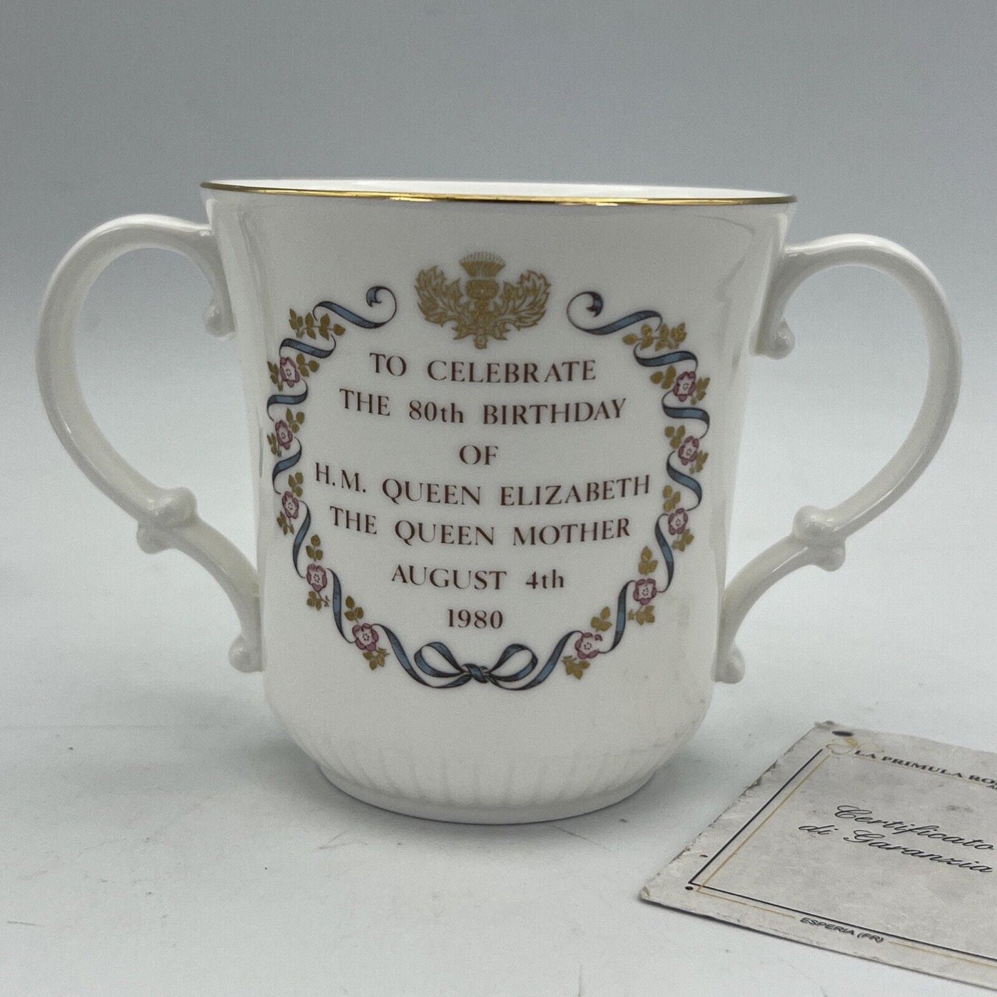 Antica Tazza Mug in Ceramica Inglese Regina Madre Elisabetta Casa Reale 80 anni Categoria Boccali