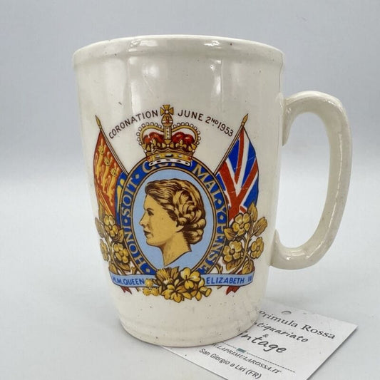Antica Tazza Mug Inglese in ceramica Elisabetta II Casa Reale commemorativa 1953 Categoria  Ceramiche e Porcellane