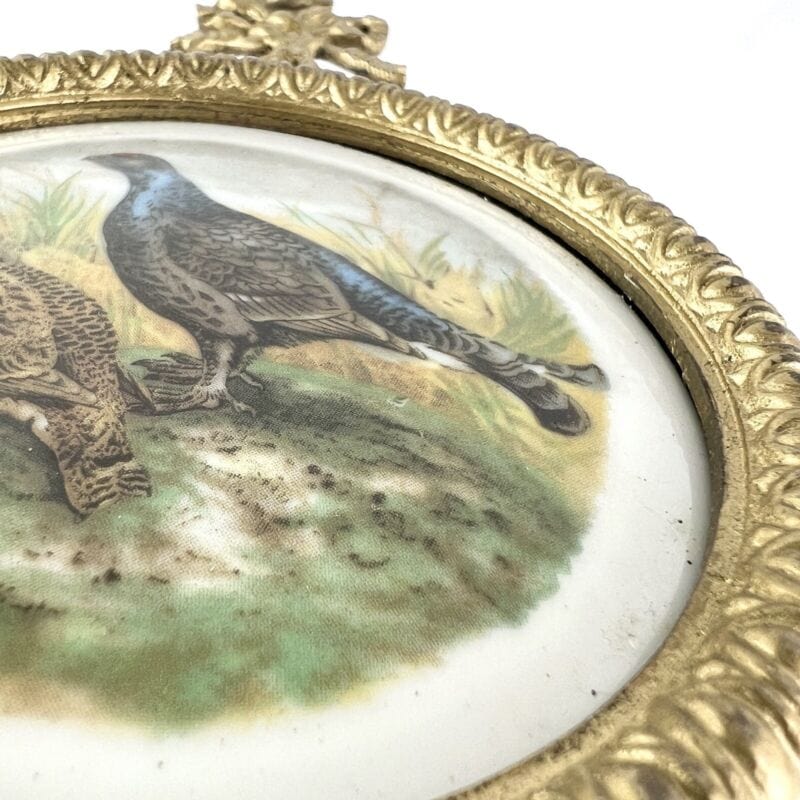 Antichi quadretti in miniatura vintage Fagiani ottone bronzo ceramica con fiocco Categoria Quadri
