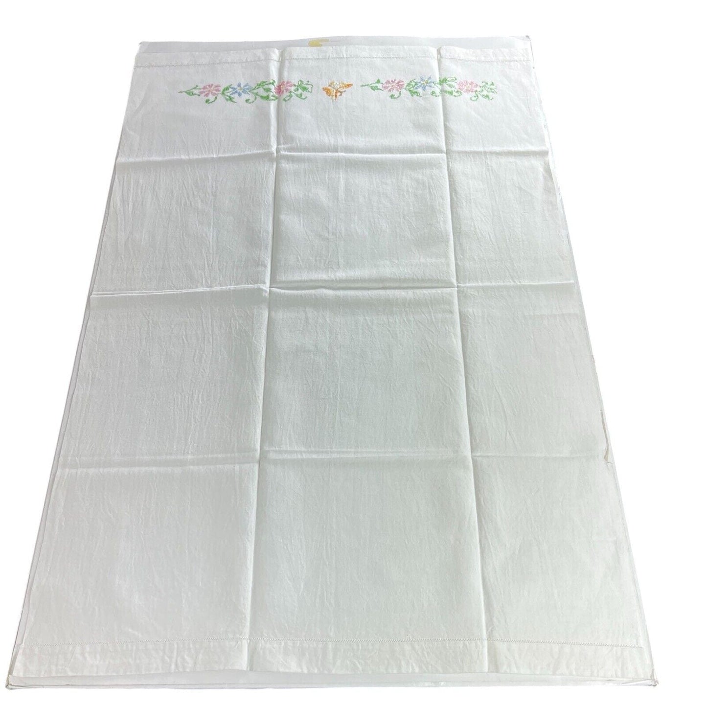 Antico Asciugamani bianco Anni 70 in misto Lino Ricamato farfalle Vintage Retro Categoria Corredo Pizzi e Tessuti