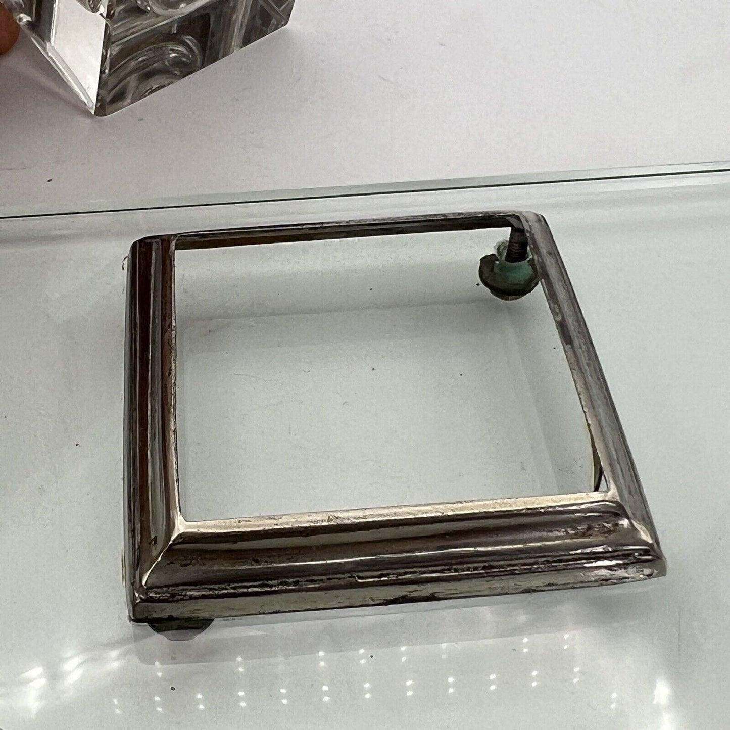 Antico Calamaio da scrivania stile Art Deco in Vetro metallo cromato Portapenne Categoria Sheffield & Argento