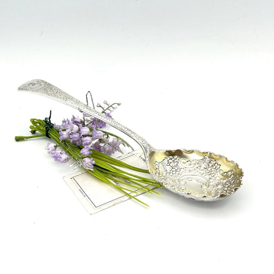 Antico Cucchiaio Inglese per Servire Lavorato motivo Fiori sheffield Silver Categoria  Sheffield & Argento