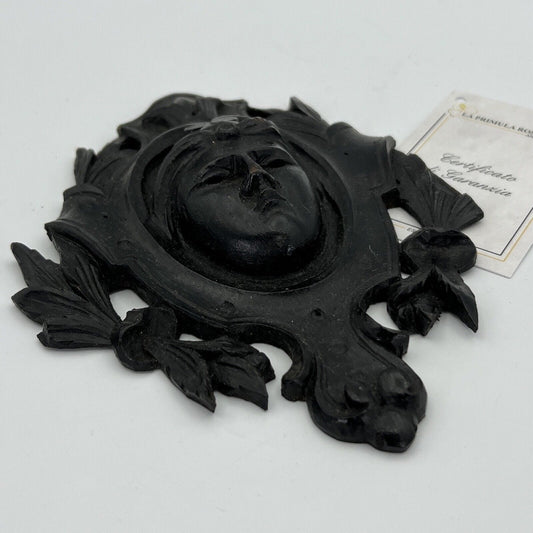 Antico intaglio decorativo Fregio in legno nero con volto di donna d' epoca 800 Categoria Cimase-Fregi-Intagli in legno