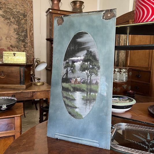 Antico pannello dipinto a olio su lastra di metallo quadro Paesaggio notturno Categoria Quadri