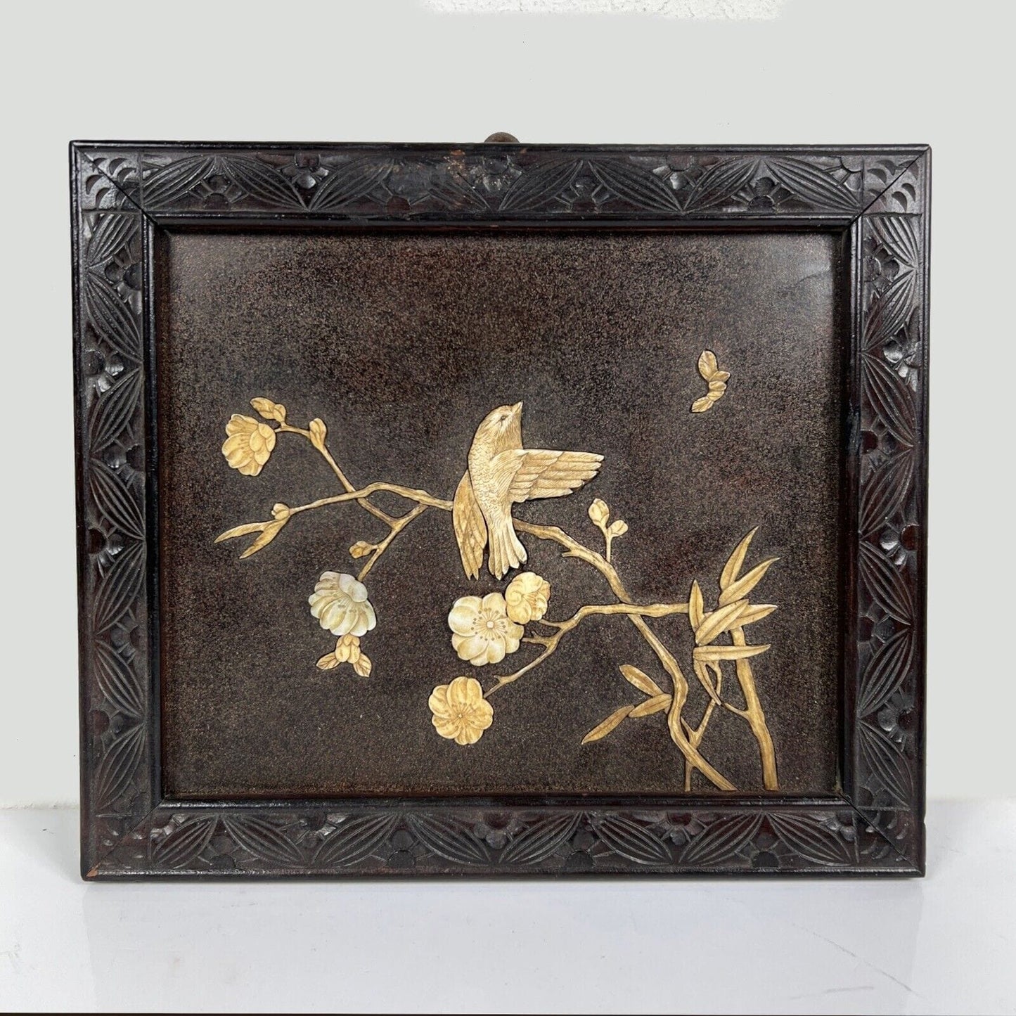 Antico pannello quadro giapponese orientale stile shibayama in legno 800 Categoria Quadri