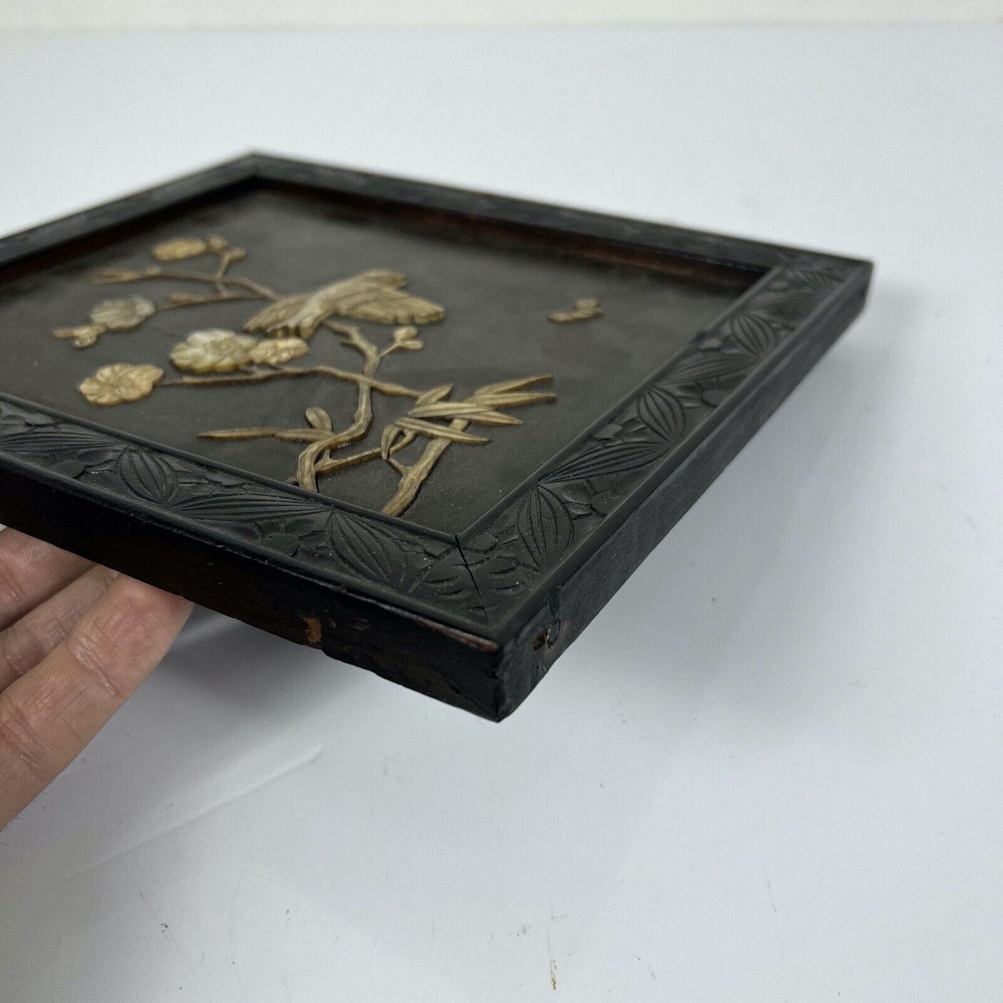 Antico pannello quadro giapponese orientale stile shibayama in legno 800 Categoria Quadri