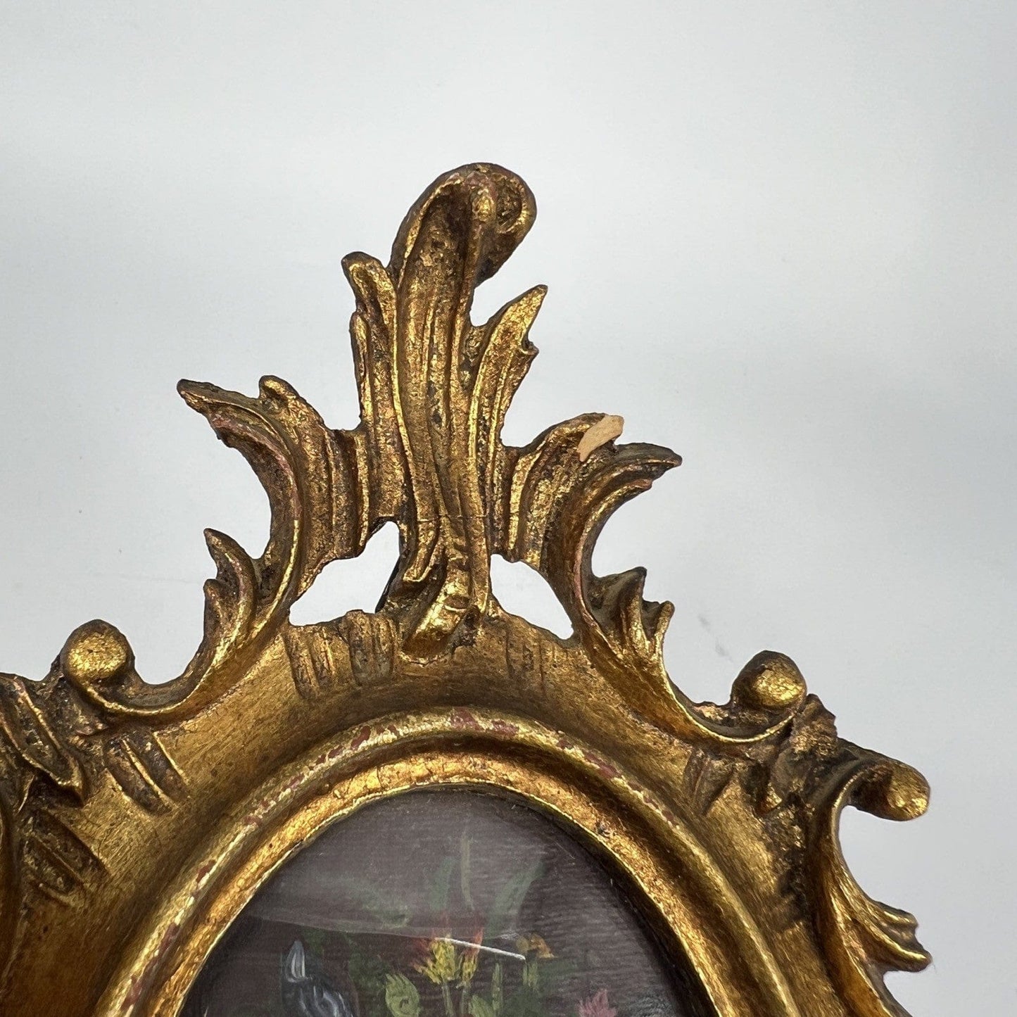 Antico quadretto dipinto a olio stile barocco cornice legno oro miniatura fiori Categoria Quadri