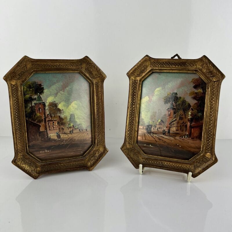 Antico Quadretto DIpinto a Olio su rame coppia quadri vintage miniature Pesaggio Categoria Quadri