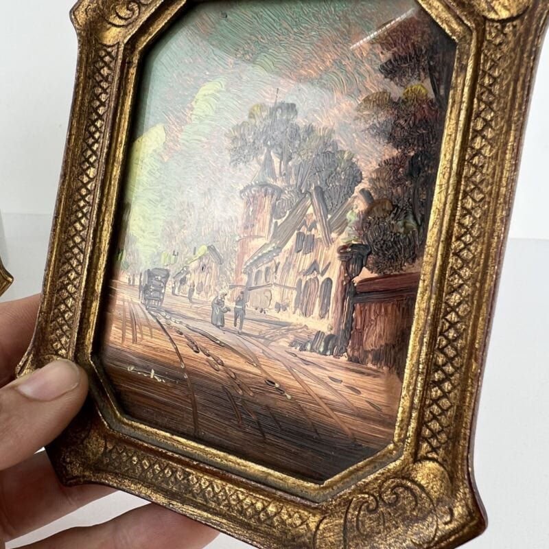 Antico Quadretto DIpinto a Olio su rame coppia quadri vintage miniature Pesaggio Categoria Quadri