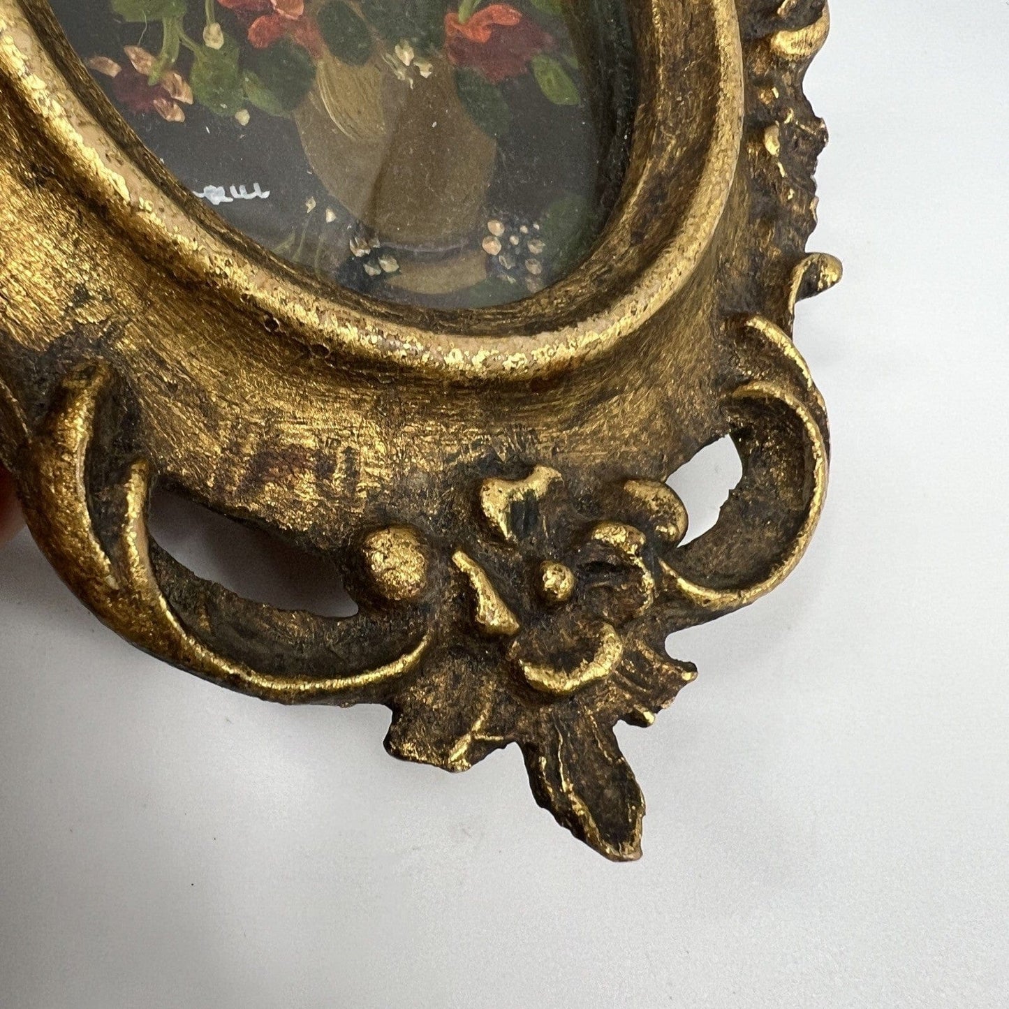 Antico quadretto dipinto a olio su rame stile barocco cornice miniatura fiori Categoria Quadri