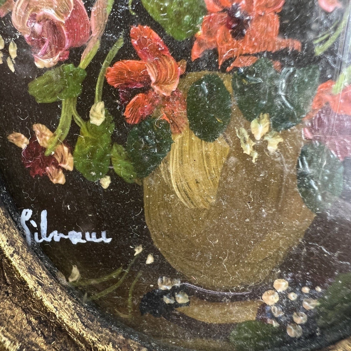 Antico quadretto dipinto a olio su rame stile barocco cornice miniatura fiori Categoria Quadri