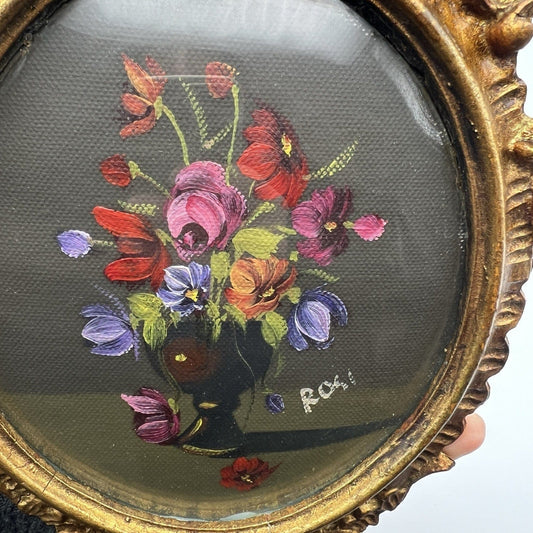 Antico quadretto stile barocco cornice legno e oro vintage in miniatura fiori Categoria Quadri