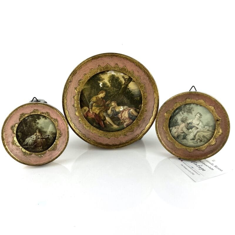 Antico quadretto trio di quadri oro rosa vintage miniature stampe scene Galanti Categoria Quadri