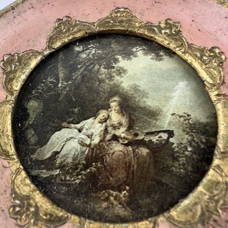 Antico quadretto trio di quadri oro rosa vintage miniature stampe scene Galanti Categoria Quadri