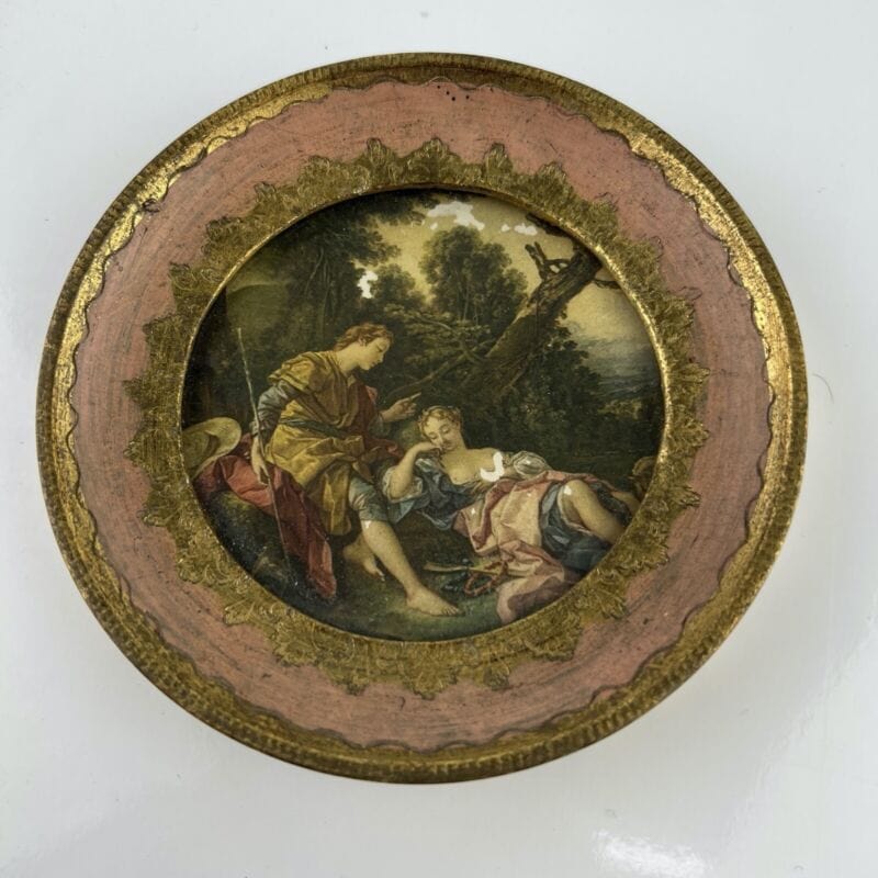 Antico quadretto trio di quadri oro rosa vintage miniature stampe scene Galanti Categoria Quadri