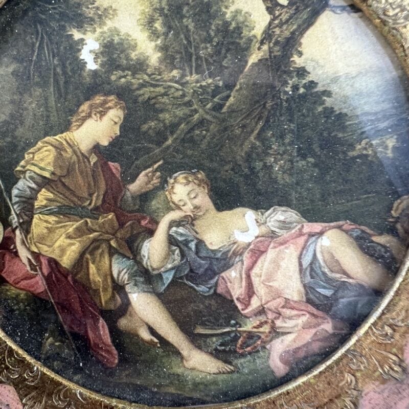 Antico quadretto trio di quadri oro rosa vintage miniature stampe scene Galanti Categoria Quadri