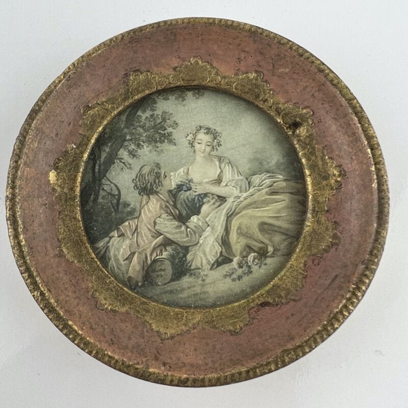Antico quadretto trio di quadri oro rosa vintage miniature stampe scene Galanti Categoria Quadri