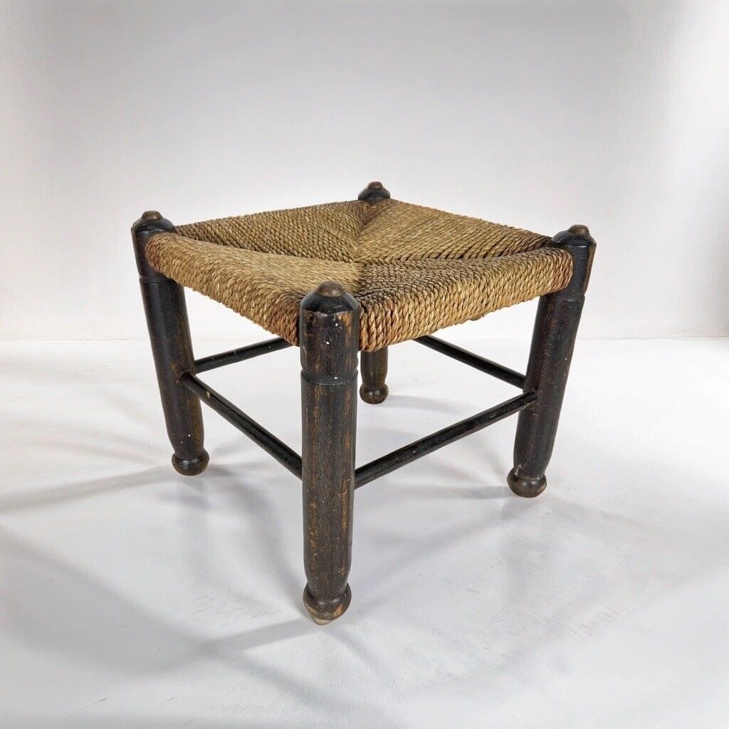 Antico Sgabello panchetta vintage panca in legno giunco rustica tavolino antico Categoria Sgabelli - Pouf - Poggiapiedi
