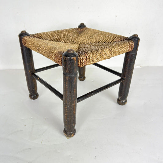 Antico Sgabello panchetta vintage panca in legno giunco rustica tavolino antico Categoria Sgabelli - Pouf - Poggiapiedi