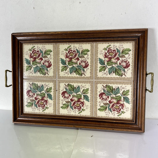 Antico vassoio in legno e mattonelle maioliche vintage da portata con manici Categoria Vassoi