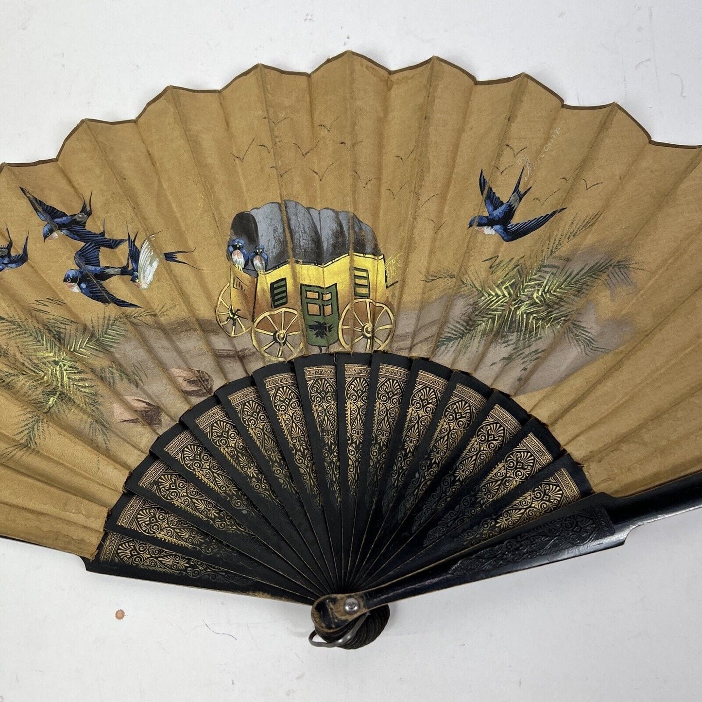 Antico Ventaglio vintage per signora in legno dipinto a mano firmato epoca 900 Categoria Ventagli
