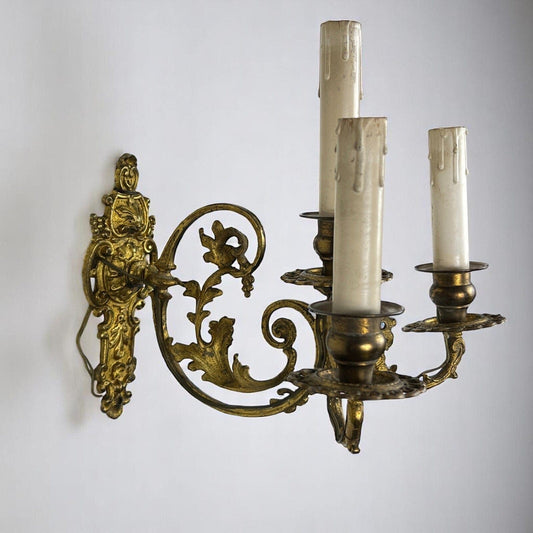 Applique in ottone bronzo a tre fiamme luci Lampade antiche da parete Barocco Categoria Lampade Appliques