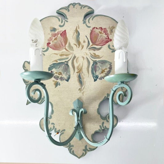 Applique in stile antico in legno shabby chic lampade a due luci bianca dipinta Categoria Lampade Appliques