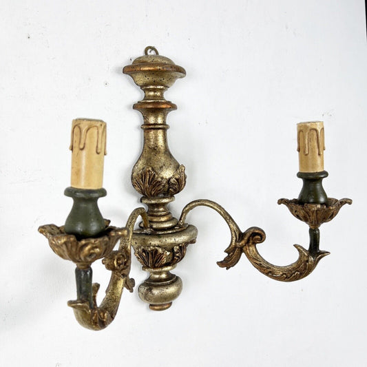 Applique vintage antico in legno laccato verde barocco lampada da parete a 2luci Categoria Lampade Appliques