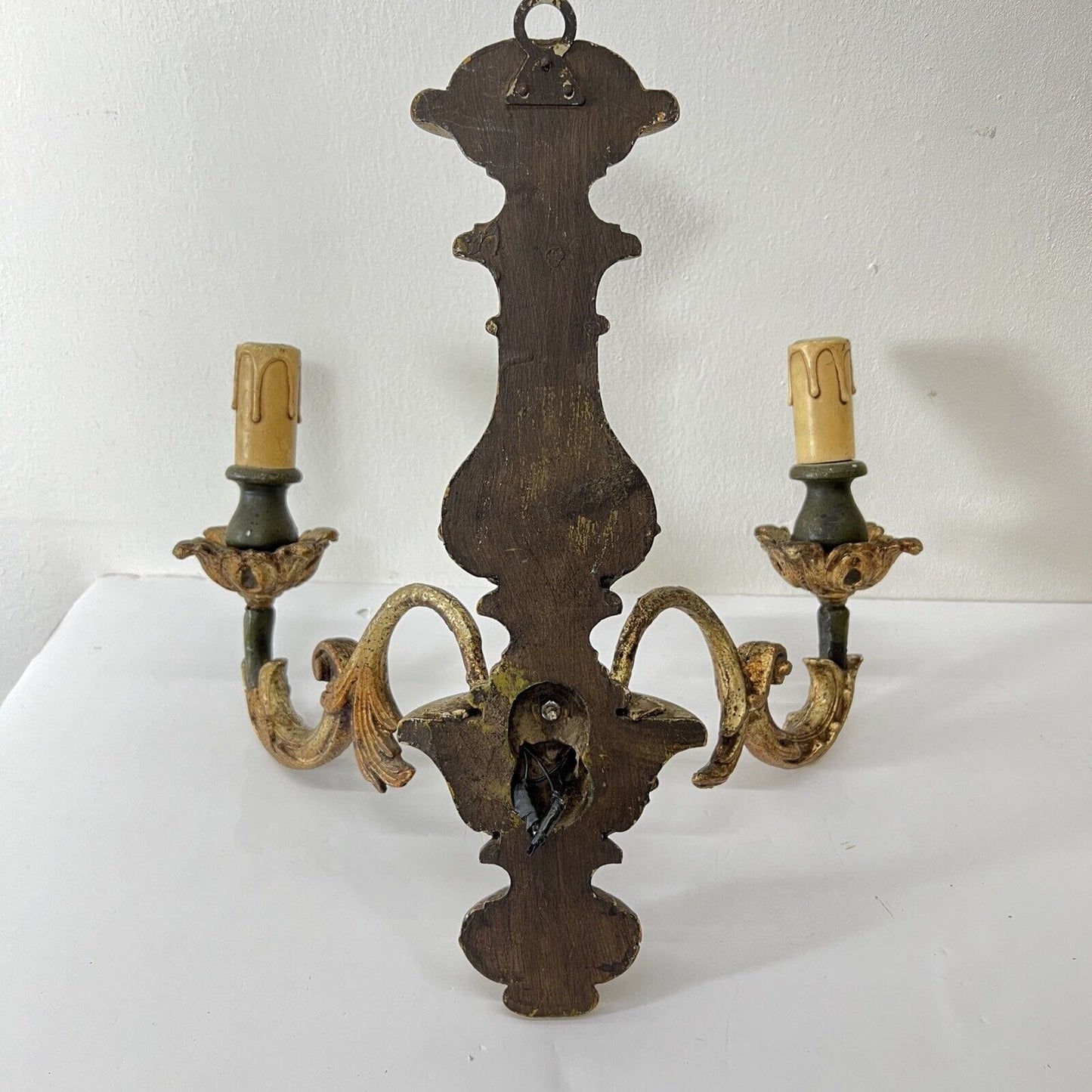 Applique vintage antico in legno laccato verde barocco lampada da parete a 2luci Categoria Lampade Appliques
