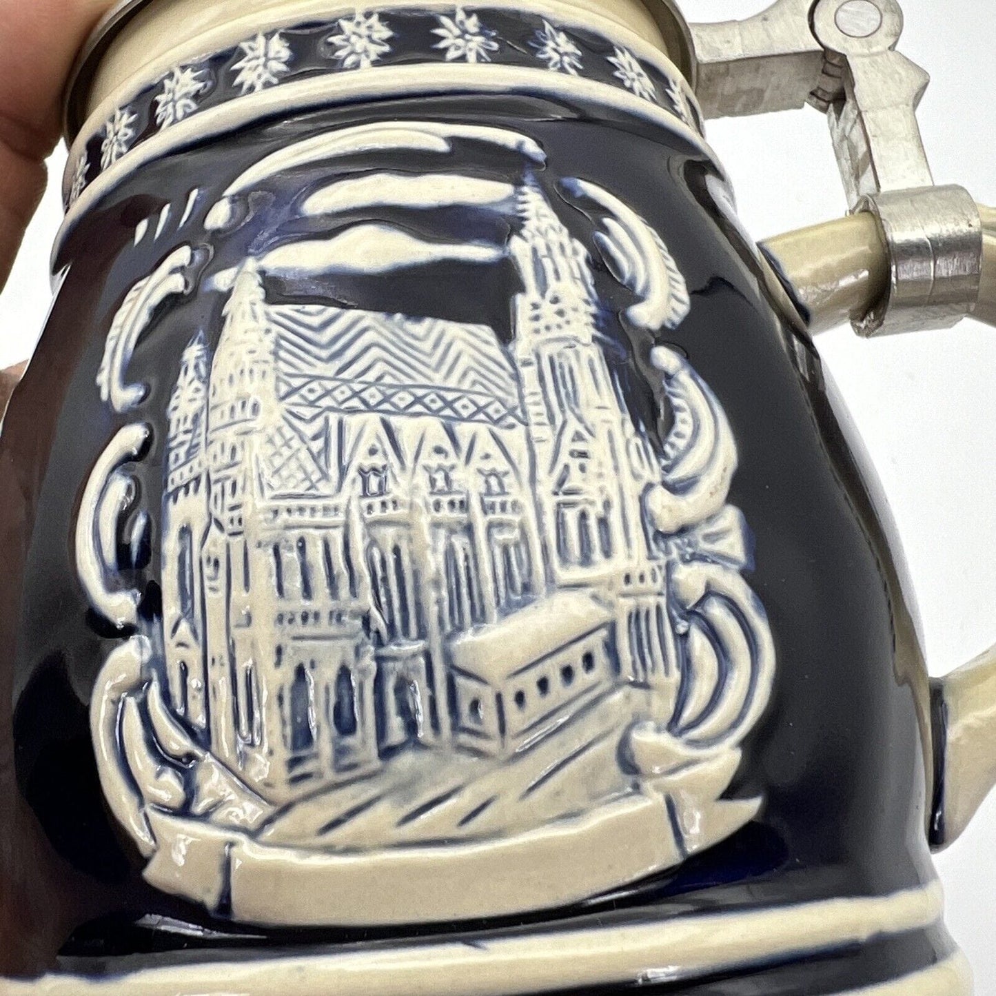 Boccale da birra in ceramica Austria vintage con coperchio in peltro bicchiere Categoria Boccali