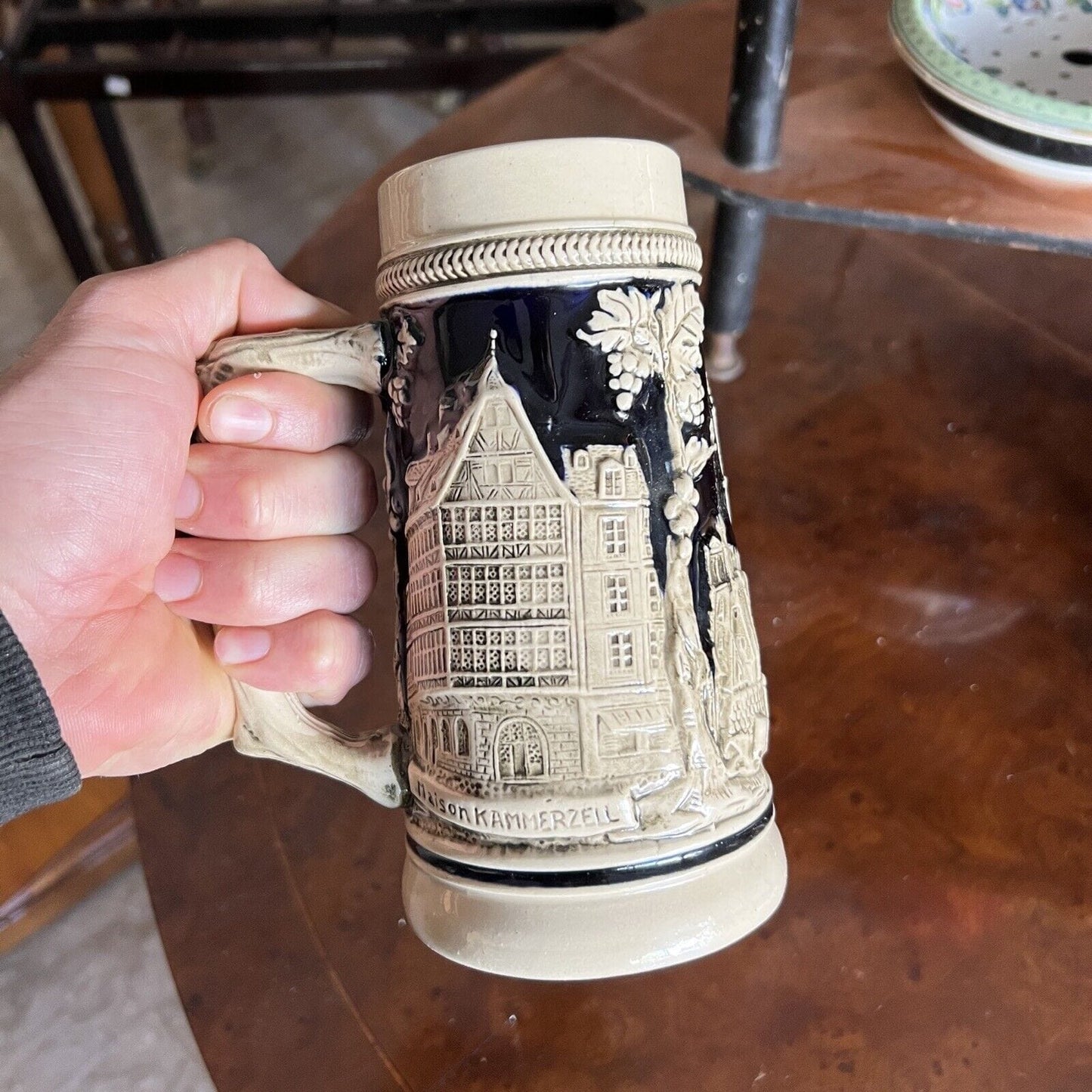 Boccale da birra in ceramica tedesco vintage citta Strasburgo Grigio Blu Categoria Boccali