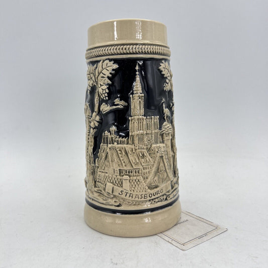 Boccale da birra in ceramica tedesco vintage citta Strasburgo Grigio Blu Categoria Boccali