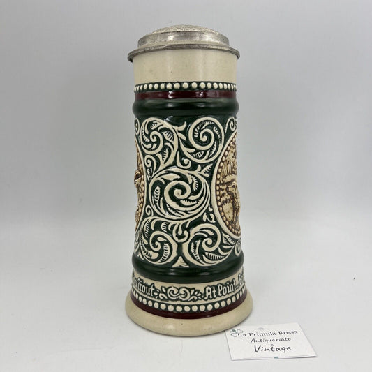 Boccale da birra in ceramica vintage con coperchio in peltro Scena Caccia Pesca Categoria Boccali