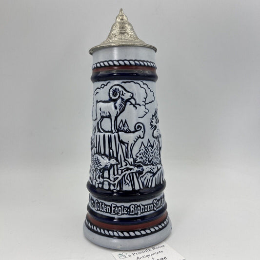 Boccale da birra in ceramica vintage con coperchio in peltro Scena Invernale Categoria Boccali