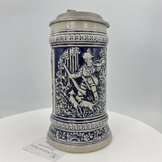 Boccale da birra Tedesco in ceramica vintage con coperchio in peltro bicchiere D Categoria Boccali