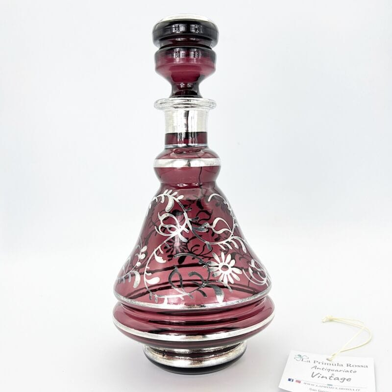 Bottiglia antica in vetro rosso e argento da per liquore rosolio Liberty Italia Categoria Vetri e Cristalli