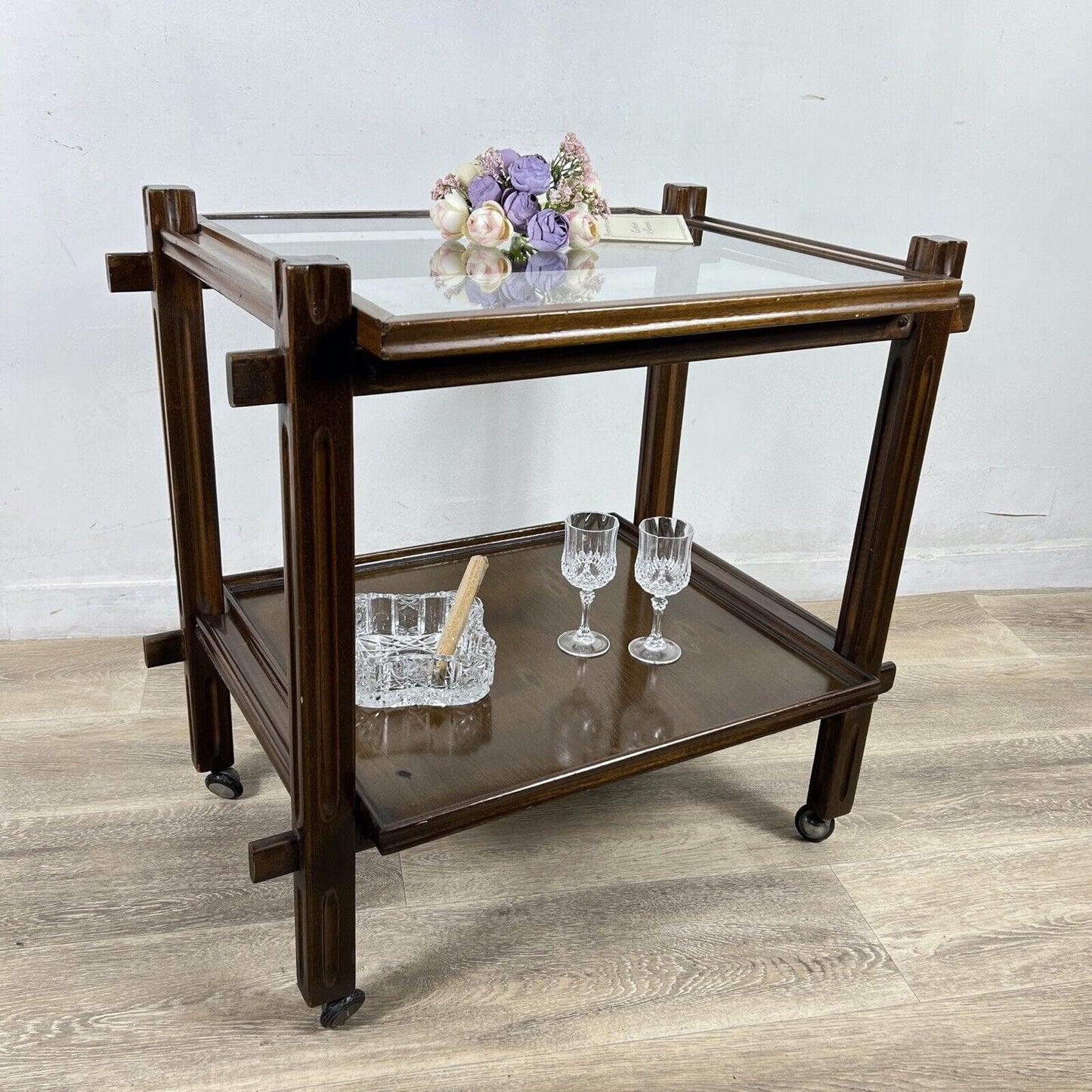 Carrello Bar Antico in Legno Portavivande con rotelle Vintage anni 60 Tavolino Categoria Carrelli