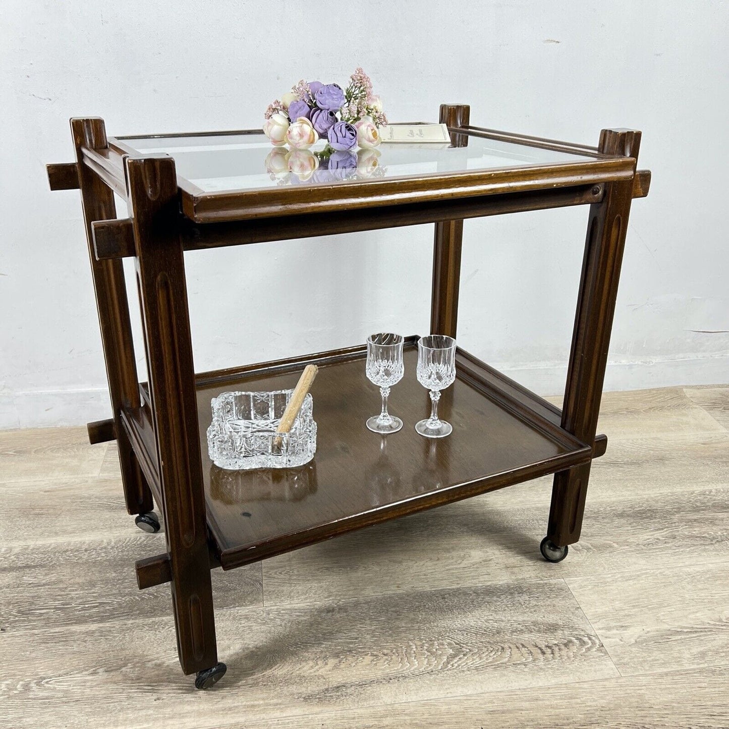 Carrello Bar Antico in Legno Portavivande con rotelle Vintage anni 60 Tavolino Categoria Carrelli