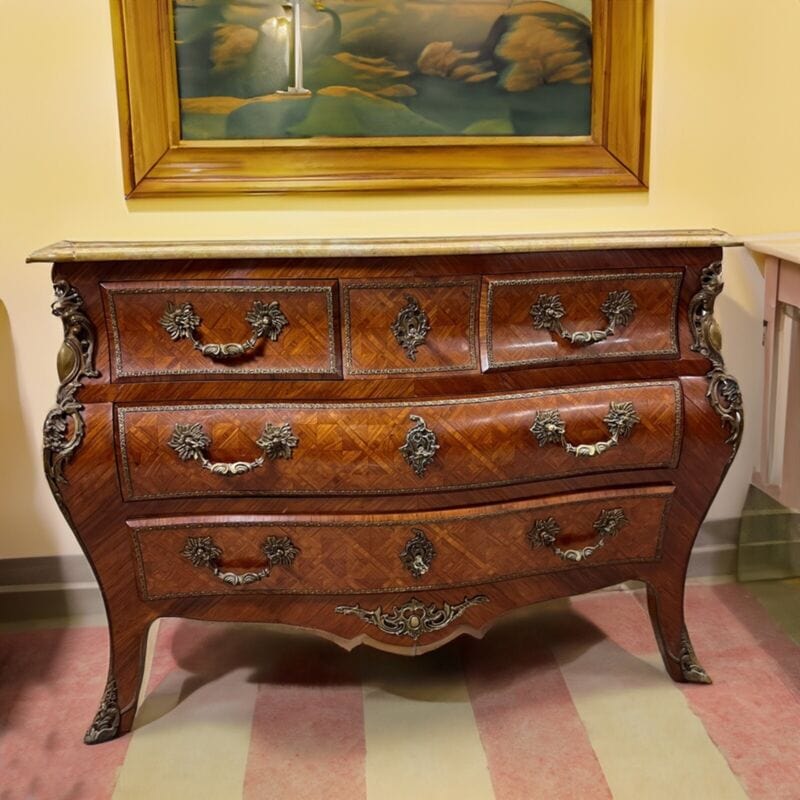 Comò cassettone antico in stile Luigi XV bombato intarsiato mobile in legno 900 Categoria Servante - Servantini