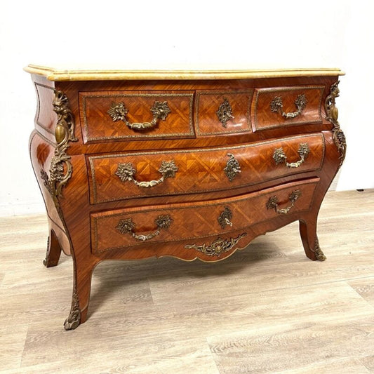 Comò cassettone antico in stile Luigi XV bombato intarsiato mobile in legno 900 Categoria Servante - Servantini