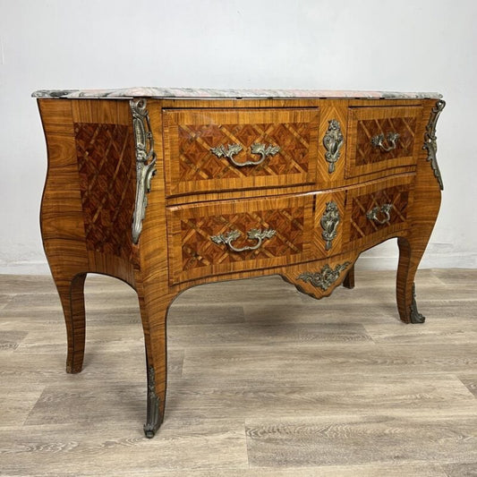 Comò cassettone antico in stile Luigi XV bombato intarsiato mobile in legno 900 Categoria Comò & Cassettiere