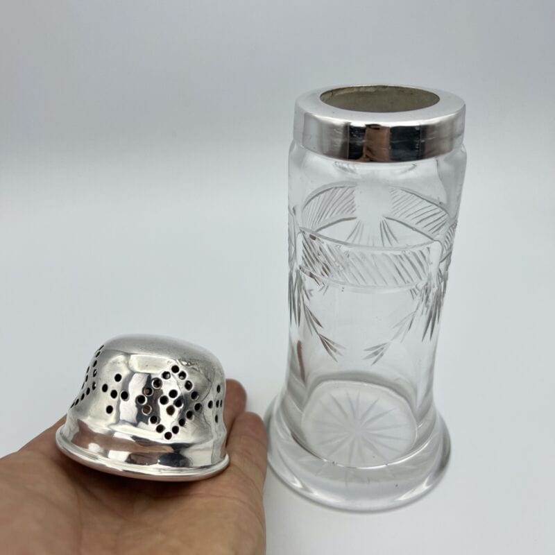 Contenitore spargi zucchero cacao in argento antico silver e vetro d'epoca 900 Categoria Sheffield & Argento