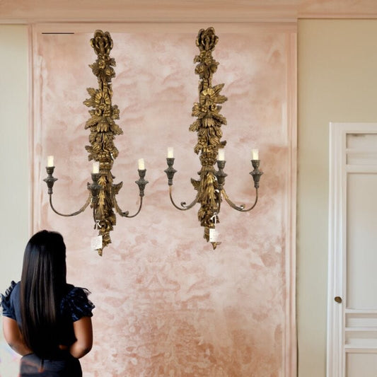 Coppia Applique antichi in legno dorato stile barocco Grande lampada da parete Categoria Lampade Appliques
